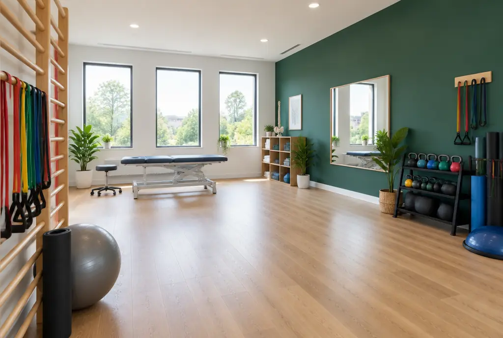 De trainingszaal met oefenmateriaal, daglicht en een groene wand